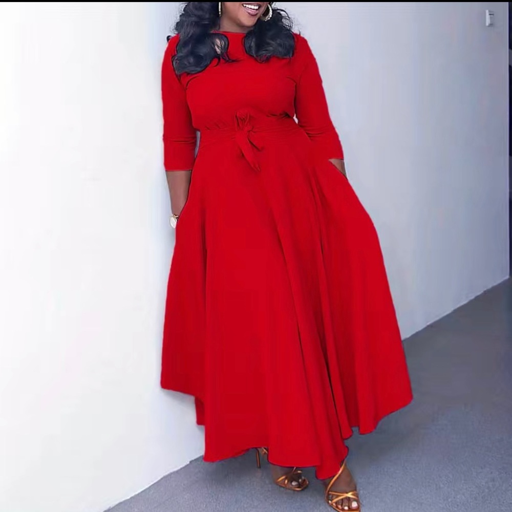 Plus Size Elegant Solid Half Sleeve Round Neck Slight Stretch Dress With Belt - Picture 2 of 5